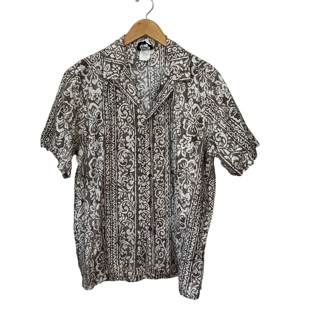 Hilo Hattie Hawaiian Button Up Shirt Mens Size XL Gray White Floral‎ Tropical